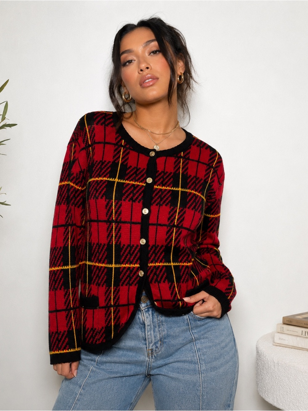 Vintage Tally Ho Plaid Cardigan Size 1X Gold Crest Buttons